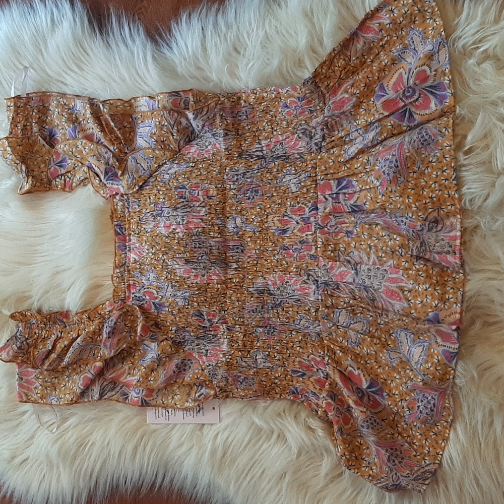 Nanette Lepore Burnt Orange Floral Print Ruched Ruffle Bottom Top, Large, NWT - Picture 12 of 12